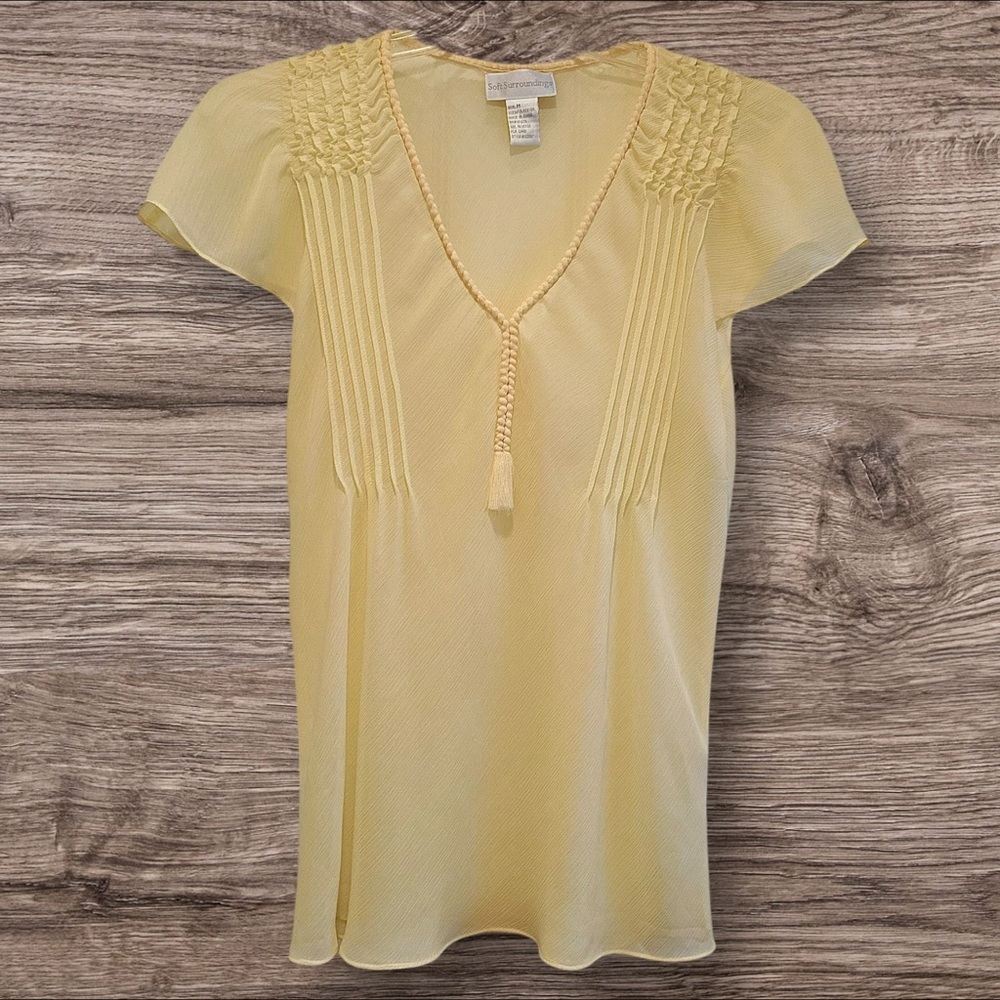 🌼 Soft Surroundings Butter Yellow Chiffon Pintuck Blouse with Tassel Tie | Sz M
